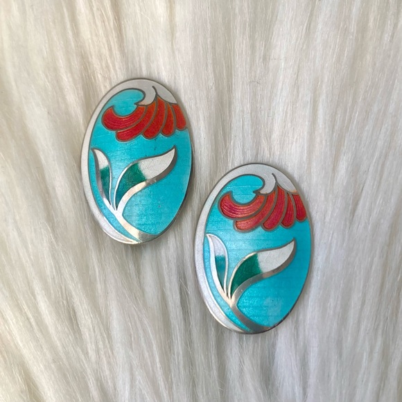 80s Vintage Cloisonné Earrings Floral Lily Blue Statement Classic Chic Art Deco - Picture 1 of 10
